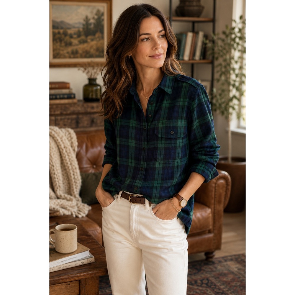 Trovata Green Navy Blue Blackwatch Plaid Flannel Button Down Shirt Women Medium